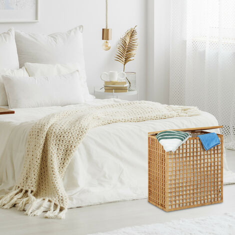 Relaxdays Panier à Linge Bambou 2 Compartiments 96L - Coffre Linge Élégant Naturel Avec Sacs Amovibles 62x56x35 Cm