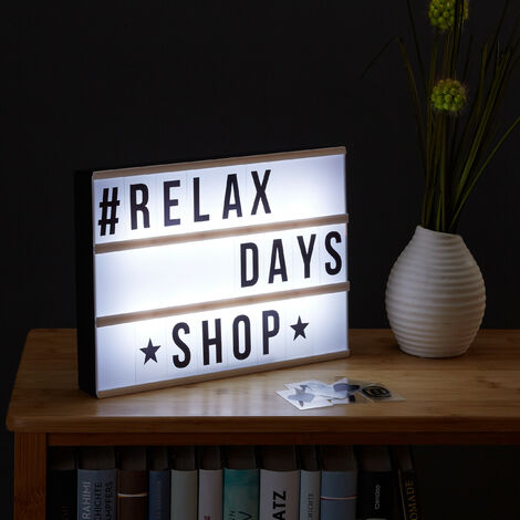 Relaxdays Boîte lumineuse LED Lightbox personnalisable 85 signes lettre chiffre 3 lignes HxlxP: 22x30x4,5 cm, blanc/noir