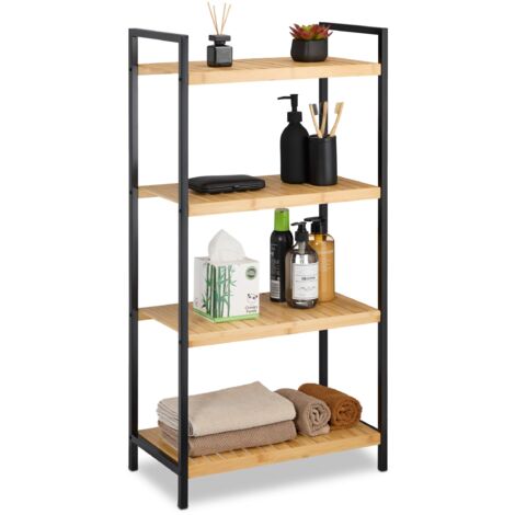 Relaxdays – Étagère en bambou sur pieds 4 niveaux – Cadre en métal noir – Dimensions 97x50,5x27 cm – Charge max 10 kg par niveau