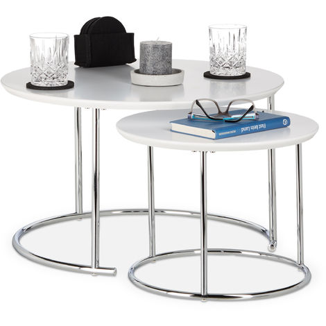 Relaxdays Table gigogne Set de 2 Table de Salon petite ronde mate, Table basse bois et métal chromé 60x60 cm, blanc