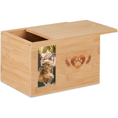 Relaxdays Urne pour chien et chat, en bambou, avec emplacement photo, H x L x P : 14,5 x 19,5 x 14,5 cm, nature