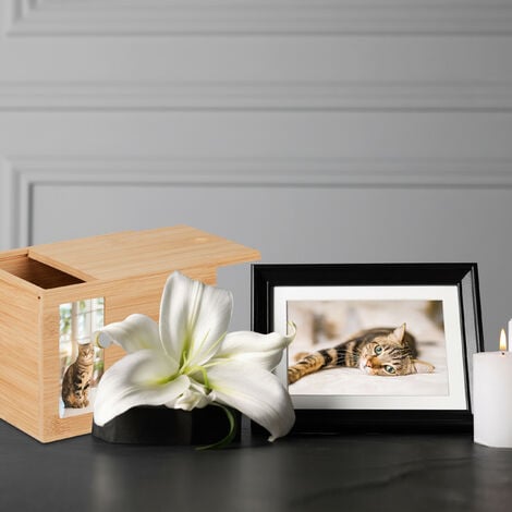 Relaxdays Urne pour chien et chat, en bambou, avec emplacement photo, H x L x P : 14,5 x 19,5 x 14,5 cm, nature