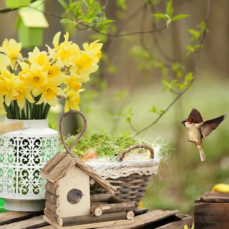 Relaxdays Nichoir à oiseaux décoration maison à oiseaux en bois à suspendre villa fait main, nature
