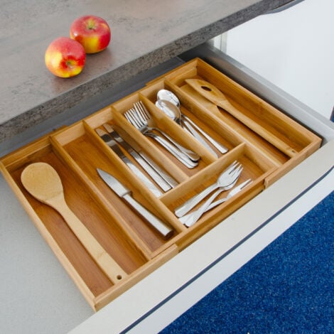 Relaxdays Organiseur de tiroir, range-couverts extensible, en bambou, 5x29-48x34 cm, pour la cuisine, nature