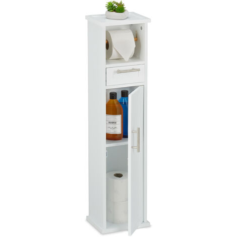 Relaxdays – Support papier toilette non fixe avec tiroir – 2 compartiments – MDF, bambou, métal – Dimensions 87,5x22x17,5 cm – Design étroit blanc argenté (1/5)