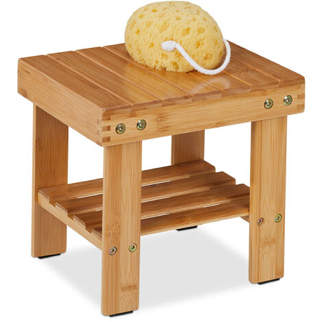 Relaxdays – Tabouret en bambou pour salle de bain – Dimensions H 26 x L 27 x P 22,5 cm – Surface de rangement pour serviettes et accessoires