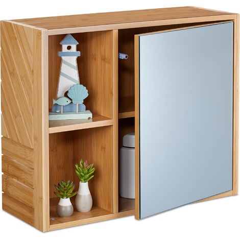 Relaxdays Armoire à miroir, 2 compartiments ouverts, avec porte, HxLxP: 45x54,5x20 cm, meuble salle de bain, nature
