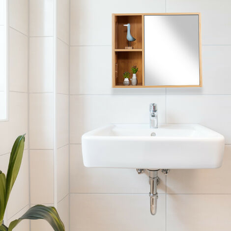 Relaxdays Armoire à miroir, 2 compartiments ouverts, avec porte, HxLxP: 45x54,5x20 cm, meuble salle de bain, nature