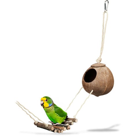 Relaxdays Nid d'oiseau avec échelle en bois, maison d'oiseau en coco, jouet  pour oiseaux