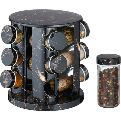 Relqxdays Tourniquet à épices, rotatif, 12 pots réutilisables, chacun avec  embout tamiseur, effet marbre, noir