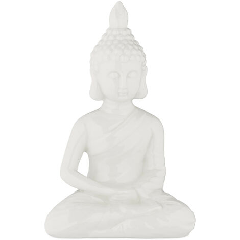Relaxdays Statue bouddha assis, 18 cm de haut, résistant aux intempéries et au gel, pour le salon ou jardin, blanche
