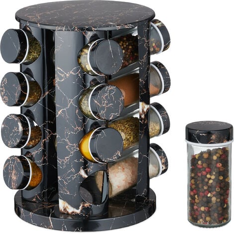 Relqxdays Tourniquet à épices, rotatif, 16 pots réutilisables, chacun avec  embout tamiseur, effet marbre, noir