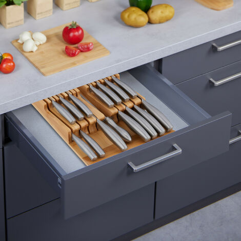 Range-Couverts Bambou Relaxdays – 16 Couteaux + Aiguisoir – Organiseur Tiroir Naturel