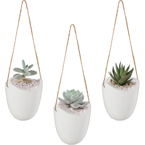 Relaxdays Porte-plantes mural en lot de 3, suspendre grâce à la corde, pour vos trésors verts, intérieur, blanc (1/5)