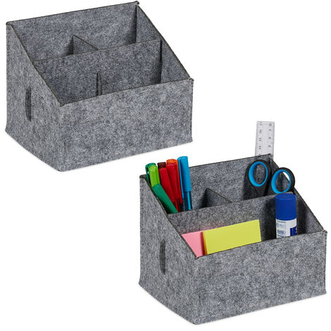Relaxdays Organisateurs bureau, feutre, lot de 2, 3 compartiments, HxLxP: 14x18x14,5 cm, accessoires de rangement, gris (1/5)