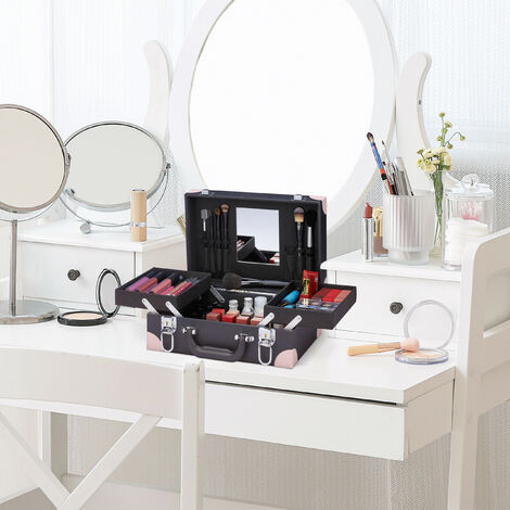 Relaxdays - Mallette De Rangement Pour Maquillage - 3 Compartiments, Miroir Et Porte-pinceaux - Noir Et Blanc - 31 X 23 X 12,5 Cm