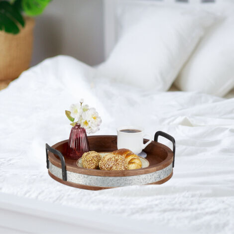 Plateau Service Rond Bois De Manguier & Fer – 35 Cm Avec Poignées, Décoratif Et Pratique