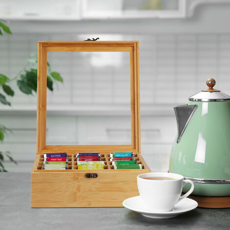 Boîte à thé fenêtre coffret à thé bois 8 compartiments couvercle tiroir aromes, HxlxP 11x33x20 cm, nature, Relaxdays | Leroy Merlin