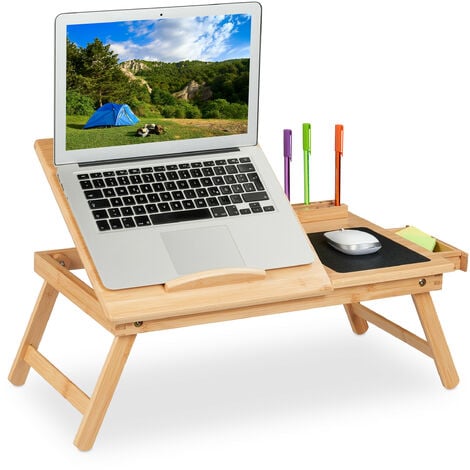 Relaxdays Support d'écran PC en bambou, 2 tiroirs, casier