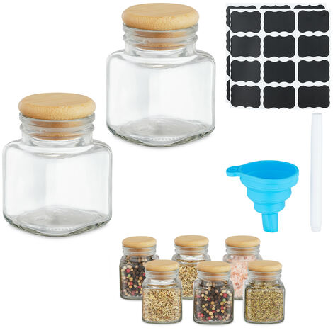 Relaxdays Salière & poivrière, lot de 8, 100 ml, étiquettes, entonnoir, marqueur, verre et bambou, transparent et nature