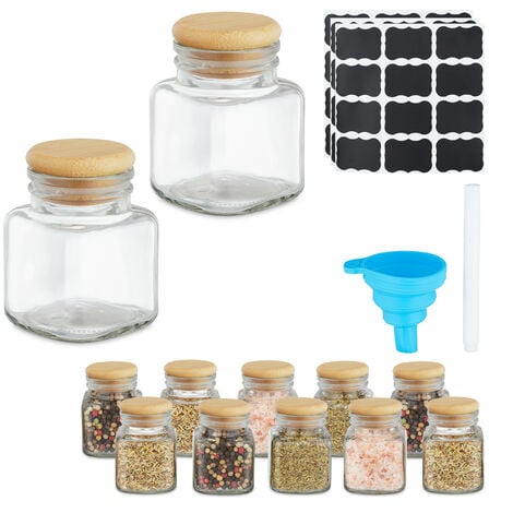 Relaxdays Salière & poivrière, lot de 12, 100 ml, étiquettes, entonnoir, marqueur, verre et bambou, transparent & nature