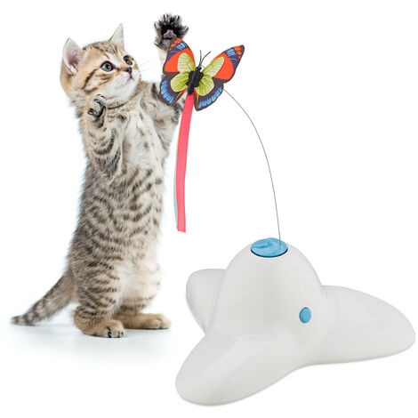 Relaxdays Jouet pour chat, avec papillon, accessoire interactif, H x L x P : 33,5 x 20,5 x 18 cm, blanc (1/5)