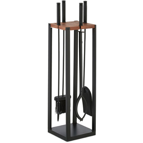 Relaxdays – Set de 5 accessoires de cheminée – Tisonnier, pelle & balai à cendres, pince, support – Métal robuste, design moderne noir – Dimensions 78x20x20cm (1/5)
