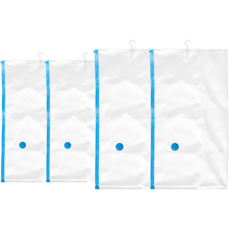 Relaxdays Sacs sous vide à suspendre, pour vêtements, lot de 4, 2 tailles, crochets, valve à aspirer, transparent - bleu (1/5)