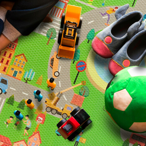 Relaxdays Tapis Circuit Puzzle 4 Pièces - Mousse EVA 121x121 Cm - Rues Et Maisons - Chambre Enfant - Sans Substances Nocives