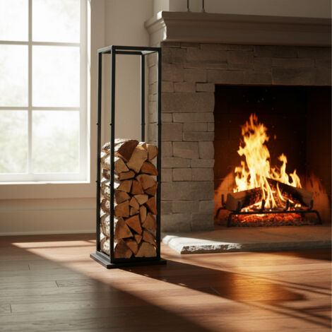 Relaxdays Support Rangement Bois De Cheminée Métal Haut - 157cm Noir