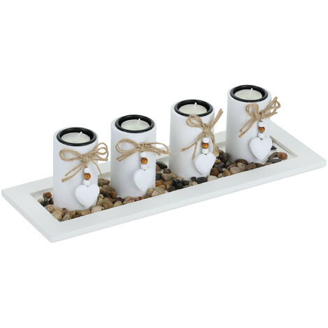 Porte-Bougies Relaxdays Avec Plateau Feuille 35 Cm – 3 Bougeoirs + Pierres Décoratives, Ambiance Cosy Gris/Blanc