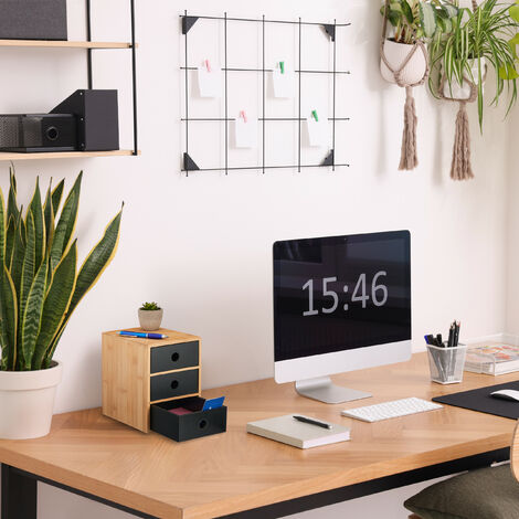 Relaxdays bureau organizer, 3 geribbelde lades, bamboe en MDF, 15x25x20