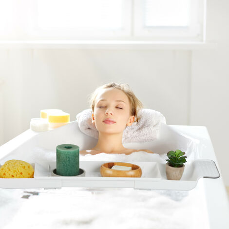 Relaxdays Plateau De Baignoire En Acrylique Transparent – Support Élégant Avec Poignées Et Espace Pour Livre Ou Tablette, 68 X 23 Cm