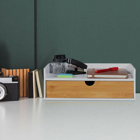 Organisateur Bureau Bambou Relaxdays - 1 Tiroir Format A4 - Rangement Fournitures - Design Blanc Et Naturel - 11x32x22 Cm