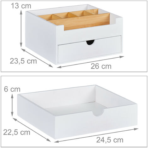 Organisateur De Bureau En Bambou - 2 Tiroirs, 3 Compartiments, Dimensions 12 X 24 X 14,5 Cm