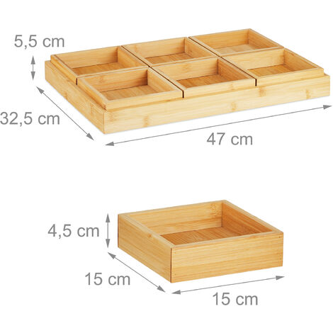 Relaxdays Set Plateau Apéritif Bambou 7 Pièces – 6 Récipients + Tablette, Nature & Blanc, Chips Et Snacks