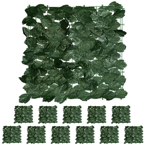 Relaxdays Brise-vue en lot de 12, haie artificielle, feuilles lierres, 50 x 50 cm, pour jardin ou balcon, vert foncé