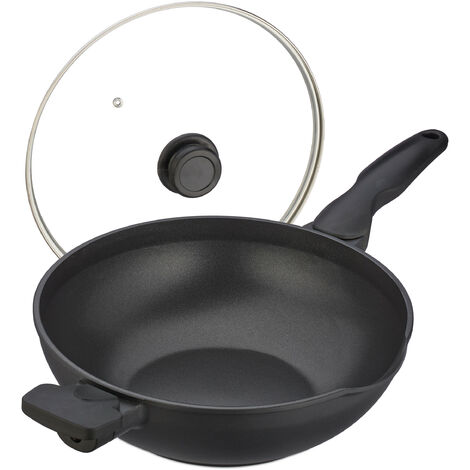 Relaxdays Poêle wok avec couvercle, D : 30 cm, aluminium, anti-adhésif, poignées, four à gaz et électrique, noire
