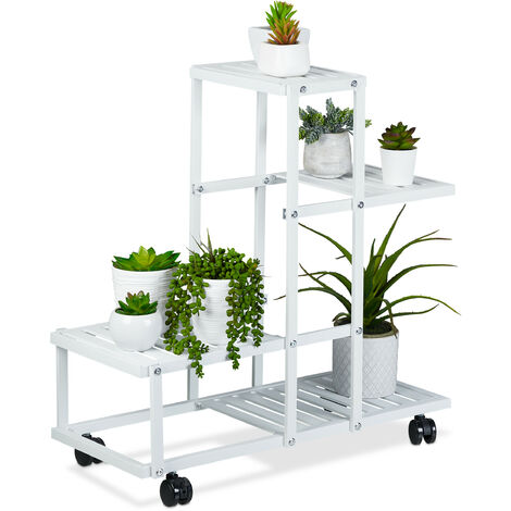 Relaxdays Étagère à plantes, 4 niveaux, pour herbes aromatiques et fleurs, métallique, acier, roulettes, blanche (1/5)