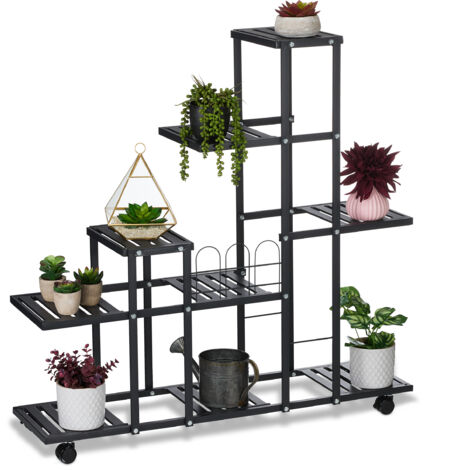 Relaxdays Étagère à plantes, avec roulettes, 9 emplacements, H x L x P : 91,5 x 93 x 26 cm, pour intérieur, noire (1/5)