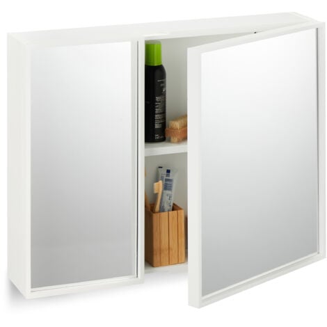 Relaxdays Meuble à miroir, 2 portes, rangement salle de bain, HxLxP : 50x65x15,5 cm, armoire à accrocher, blanc