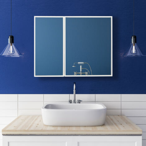 Relaxdays Meuble à miroir, 2 portes, rangement salle de bain, HxLxP : 50x65x15,5 cm, armoire à accrocher, blanc