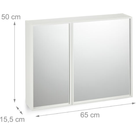 Relaxdays Meuble à miroir, 2 portes, rangement salle de bain, HxLxP : 50x65x15,5 cm, armoire à accrocher, blanc
