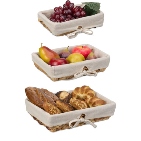 Relaxdays Panière à pain, lot de 3, plusieurs tailles, tressée, avec tissu, corbeille style scandinave, nature - crème