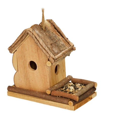 Relaxdays Cabane à oiseaux décorative, en bois, à suspendre, HxLxP : 21 x 21 x 12,5 cm, pour balcon et jardin, nature