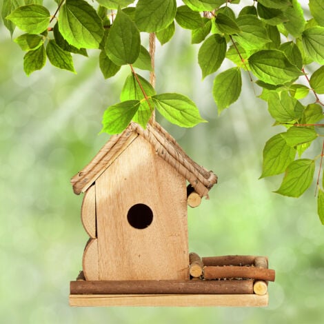 Relaxdays Cabane à oiseaux décorative, en bois, à suspendre, HxLxP : 21 x 21 x 12,5 cm, pour balcon et jardin, nature