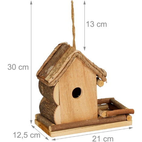Relaxdays Cabane à oiseaux décorative, en bois, à suspendre, HxLxP : 21 x 21 x 12,5 cm, pour balcon et jardin, nature