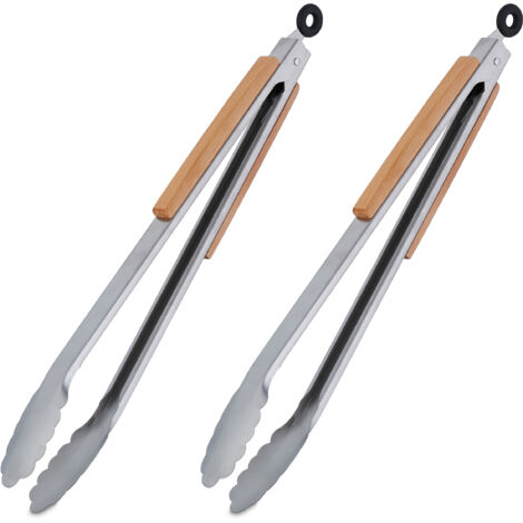 Pince de barbecue, lot de 2, long ustensile pour le grill, 38 cm, poignée en bois, acier inoxydable, argent/nature