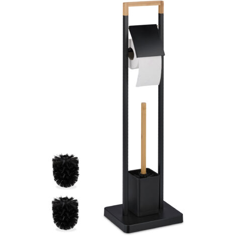Serviteur WC Relaxdays En Bambou Et Acier Inoxydable - Porte Papier Toilette + Brosse Avec Récipient - Stable Sans Fixation Murale - Noir/Nature