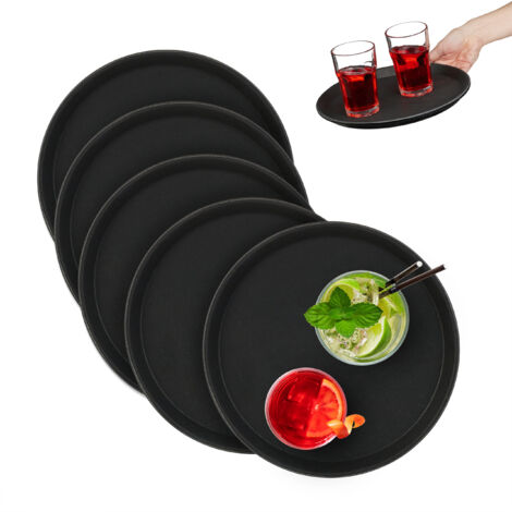 Lot De 5 Plateaux De Service Ronds Antidérapants | Diamètre 28 Cm - Noir, Pour Café, Bar, Fêtes Lot Plateaux Ronds